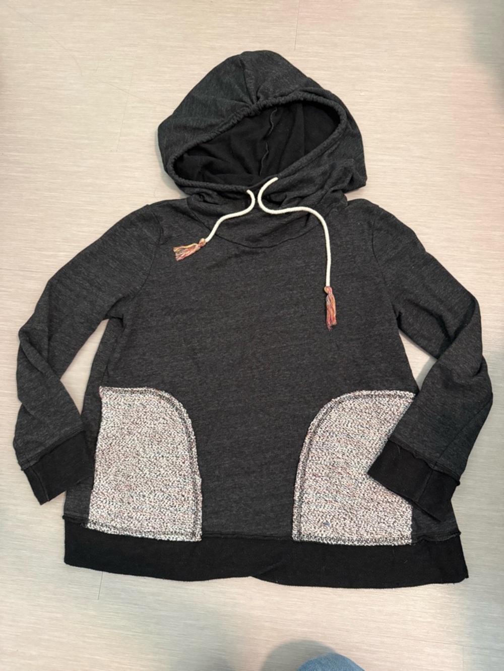 Mystree Charcoal Hooded Pullover with Tweed Contrast Pockets